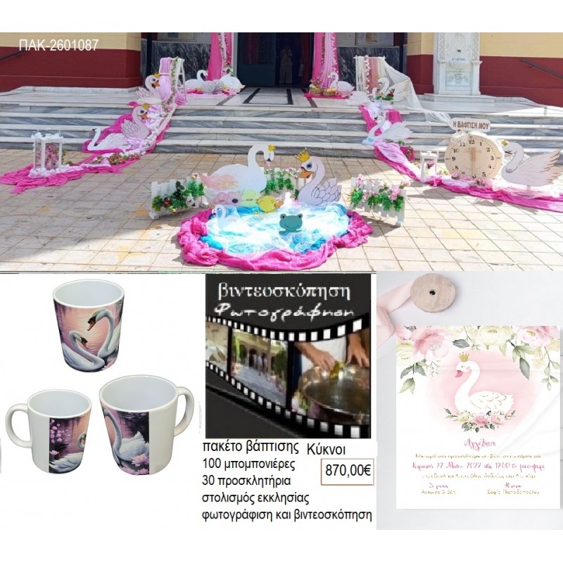 ΚΥΚΝΟΙ ΠΑΚΕΤΟ ΒΑΠΤΙΣΗΣ στολισμός 100 μπομπονιέρες 30 προσκλητήρια φωτογράφιση βιντεοσκόπηση ΠΑΚ-2601087 870.00€!!!