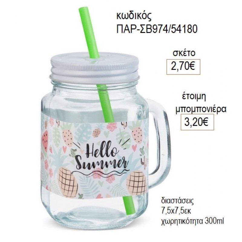 HELLO SUMMER ΓΥΑΛΙΝΗ ΚΟΥΠΑ ΜΕ ΑΥΤΟΚΟΛΛΗΤΟ για μπομπονιέρες δώρο γούρι ΠΑΡ-ΣΒ974/54180 2.70€!!!