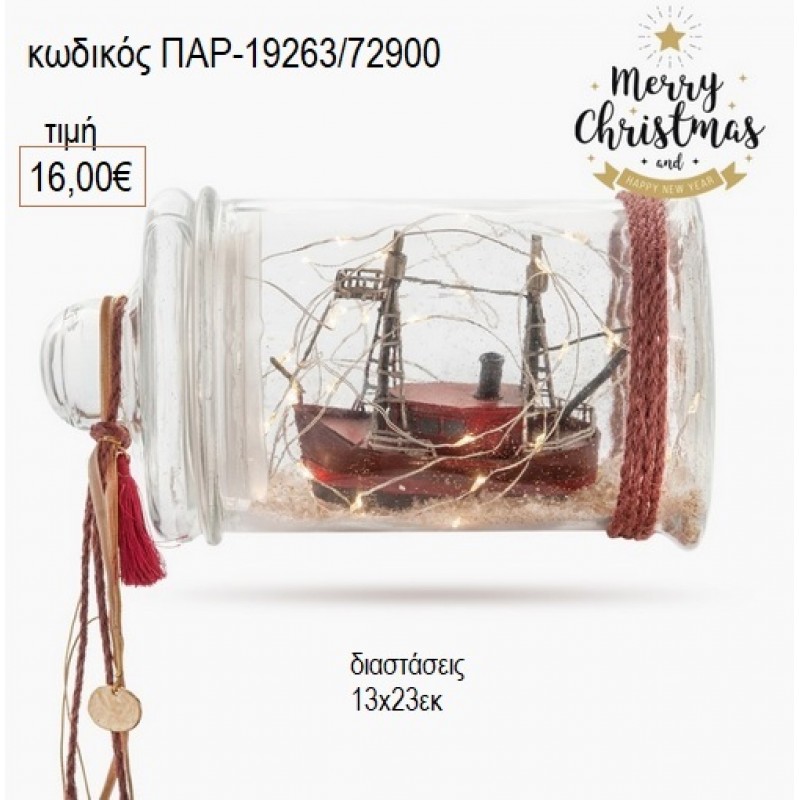 ΚΑΡΑΒΙ ΜΕΤΑΛΛΙΚΟ ΑΝΤΙΚΕ ΣΕ ΓΥΑΛΙΝΟ ΒΑΖΟ ΜΕ LED ΦΩΤΑΚΙΑ για γούρι δώρο ΠΑΡ-19263/72900 16.00€