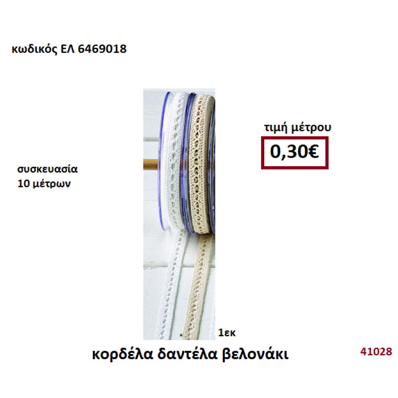 ΚΟΡΔΕΛΑ ΔΑΝΤΕΛΑ ΒΕΛΟΝΑΚΙ 10 μέτρων 1εκ. για μπομπονιέρες-αμπαλάζ ΕΛ-6469018