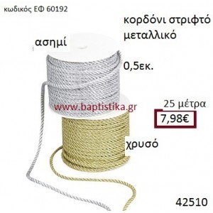 ΚΟΡΔΟΝΙ ΜΕΤΑΛΛΙΚΟ ΣΤΡΙΦΤΟ 25 μέτρων 0.5εκ. για μπομπονιέρες-αμπαλάζ ΕΦ-60192